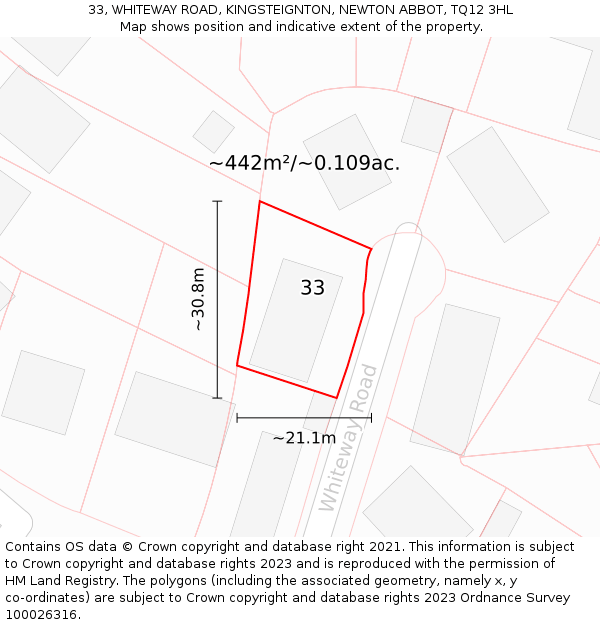 33, WHITEWAY ROAD, KINGSTEIGNTON, NEWTON ABBOT, TQ12 3HL: Plot and title map