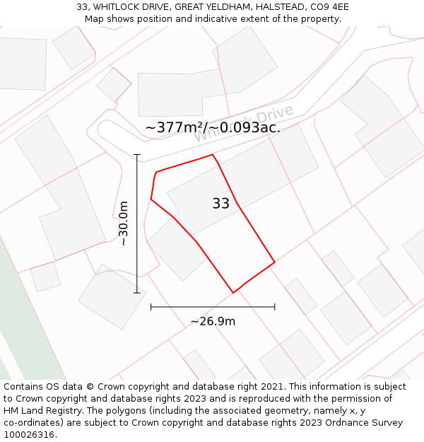 33, WHITLOCK DRIVE, GREAT YELDHAM, HALSTEAD, CO9 4EE: Plot and title map