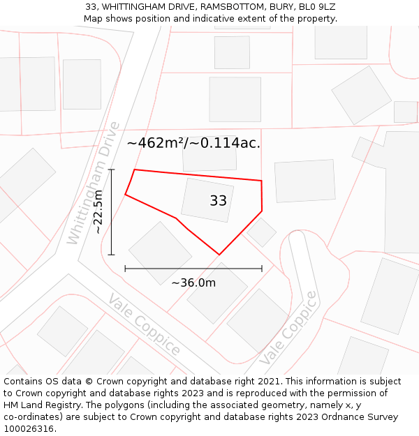33, WHITTINGHAM DRIVE, RAMSBOTTOM, BURY, BL0 9LZ: Plot and title map
