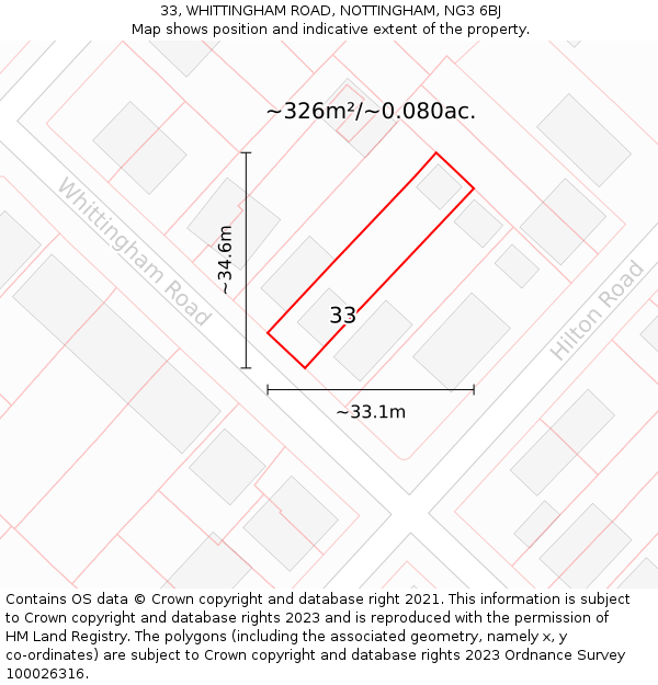 33, WHITTINGHAM ROAD, NOTTINGHAM, NG3 6BJ: Plot and title map