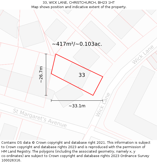 33, WICK LANE, CHRISTCHURCH, BH23 1HT: Plot and title map