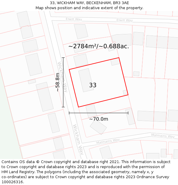 33, WICKHAM WAY, BECKENHAM, BR3 3AE: Plot and title map
