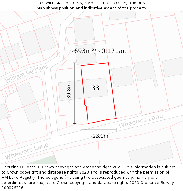 33, WILLIAM GARDENS, SMALLFIELD, HORLEY, RH6 9EN: Plot and title map