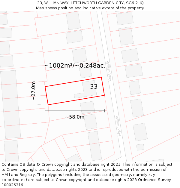 33, WILLIAN WAY, LETCHWORTH GARDEN CITY, SG6 2HQ: Plot and title map