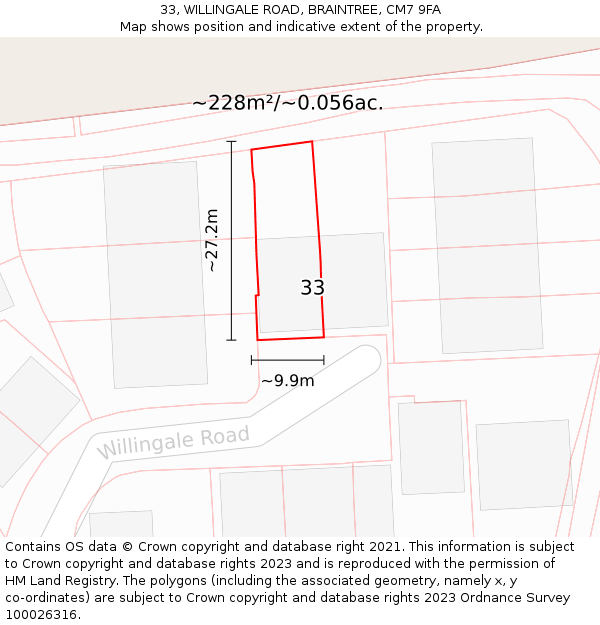 33, WILLINGALE ROAD, BRAINTREE, CM7 9FA: Plot and title map