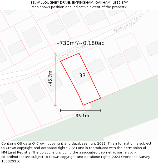 33, WILLOUGHBY DRIVE, EMPINGHAM, OAKHAM, LE15 8PY: Plot and title map