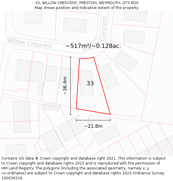 33, WILLOW CRESCENT, PRESTON, WEYMOUTH, DT3 6DX: Plot and title map