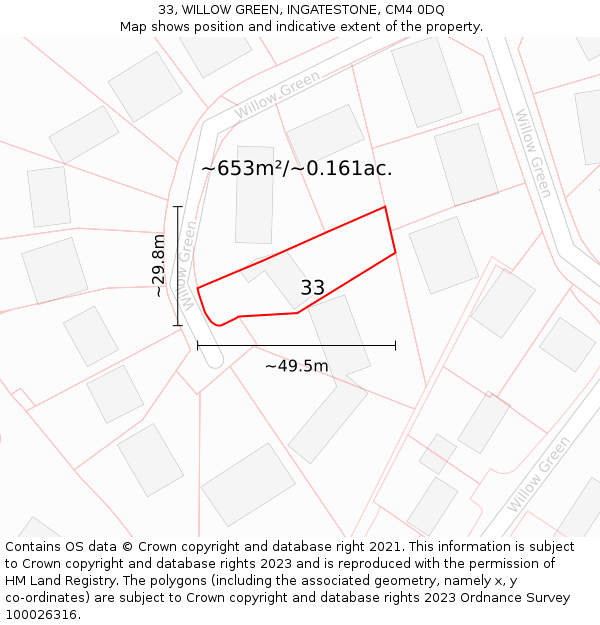 33, WILLOW GREEN, INGATESTONE, CM4 0DQ: Plot and title map