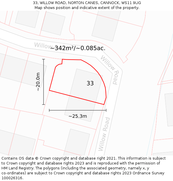 33, WILLOW ROAD, NORTON CANES, CANNOCK, WS11 9UG: Plot and title map