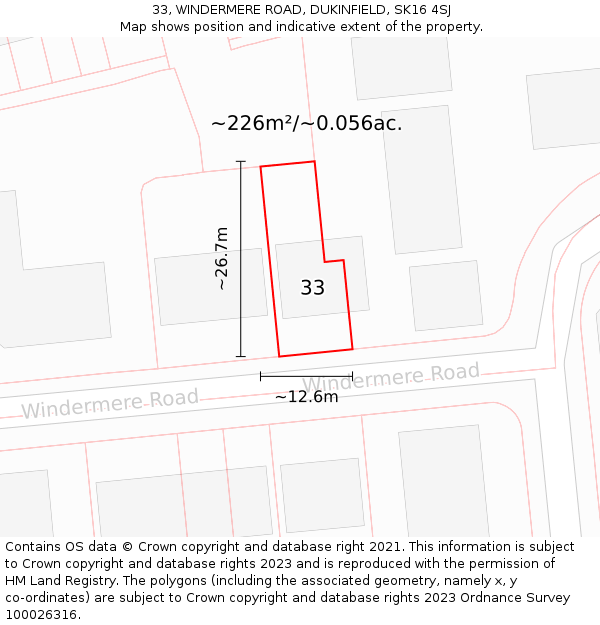 33, WINDERMERE ROAD, DUKINFIELD, SK16 4SJ: Plot and title map