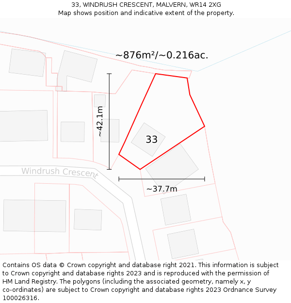 33, WINDRUSH CRESCENT, MALVERN, WR14 2XG: Plot and title map