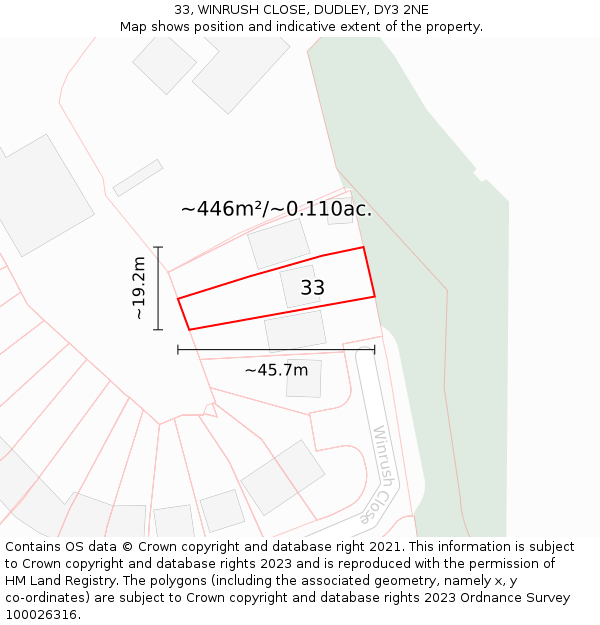 33, WINRUSH CLOSE, DUDLEY, DY3 2NE: Plot and title map