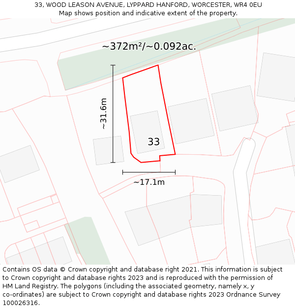 33, WOOD LEASON AVENUE, LYPPARD HANFORD, WORCESTER, WR4 0EU: Plot and title map