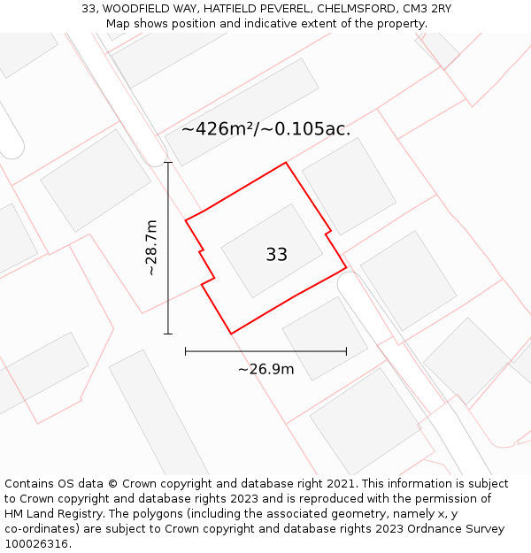 33, WOODFIELD WAY, HATFIELD PEVEREL, CHELMSFORD, CM3 2RY: Plot and title map