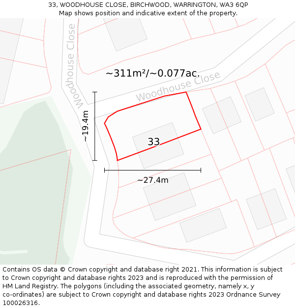 33, WOODHOUSE CLOSE, BIRCHWOOD, WARRINGTON, WA3 6QP: Plot and title map