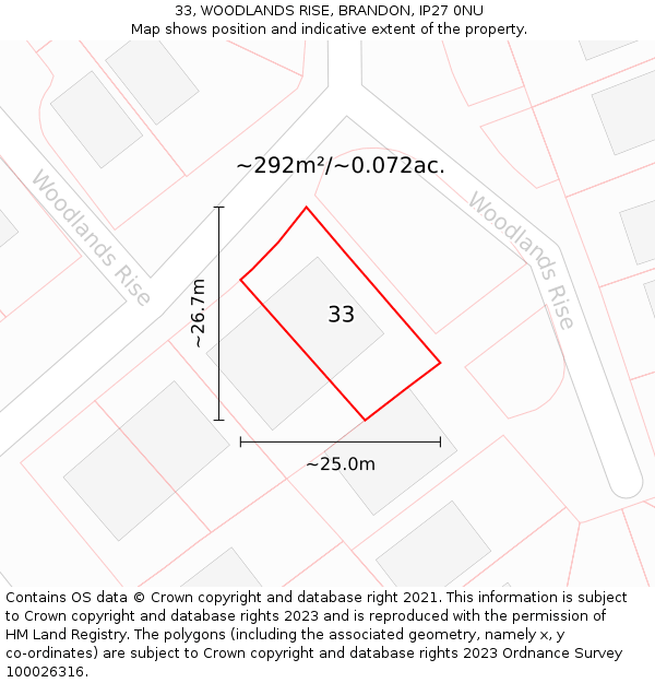 33, WOODLANDS RISE, BRANDON, IP27 0NU: Plot and title map