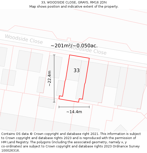 33, WOODSIDE CLOSE, GRAYS, RM16 2DN: Plot and title map