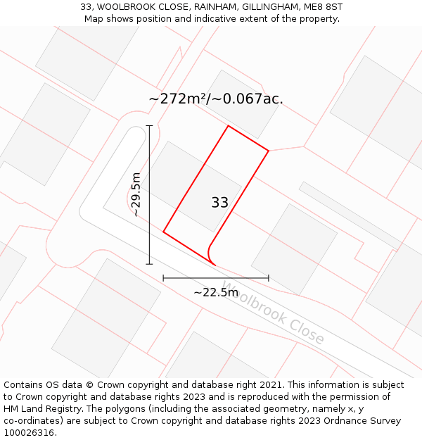 33, WOOLBROOK CLOSE, RAINHAM, GILLINGHAM, ME8 8ST: Plot and title map