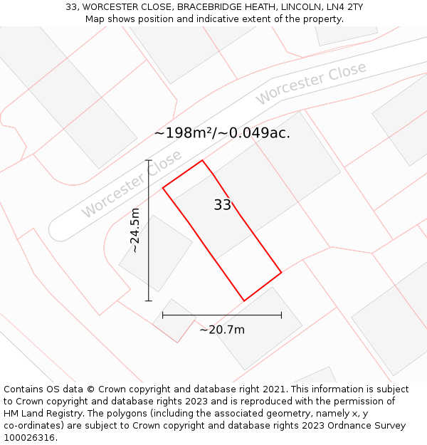 33, WORCESTER CLOSE, BRACEBRIDGE HEATH, LINCOLN, LN4 2TY: Plot and title map