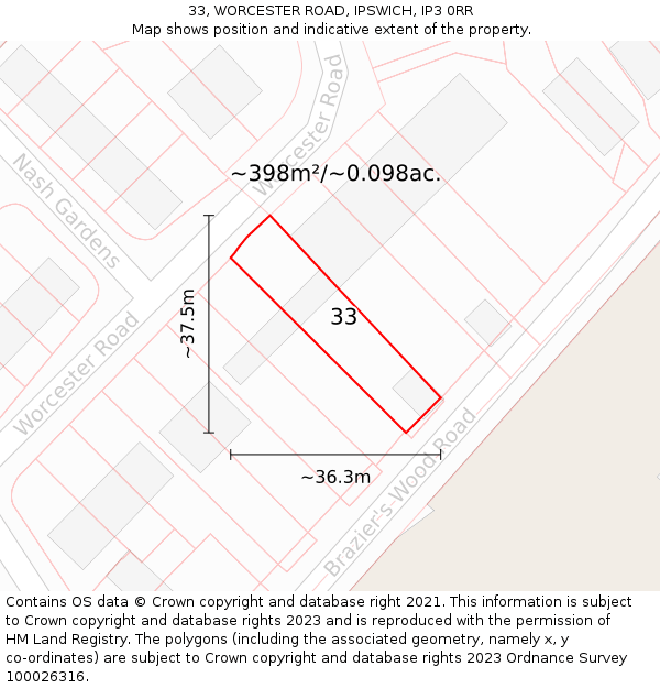 33, WORCESTER ROAD, IPSWICH, IP3 0RR: Plot and title map