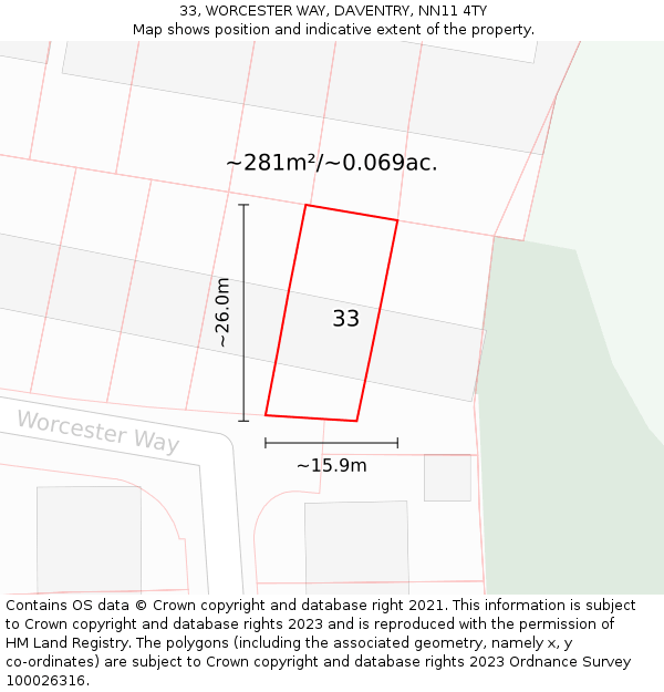 33, WORCESTER WAY, DAVENTRY, NN11 4TY: Plot and title map