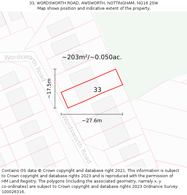 33, WORDSWORTH ROAD, AWSWORTH, NOTTINGHAM, NG16 2SW: Plot and title map