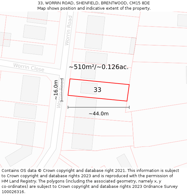 33, WORRIN ROAD, SHENFIELD, BRENTWOOD, CM15 8DE: Plot and title map