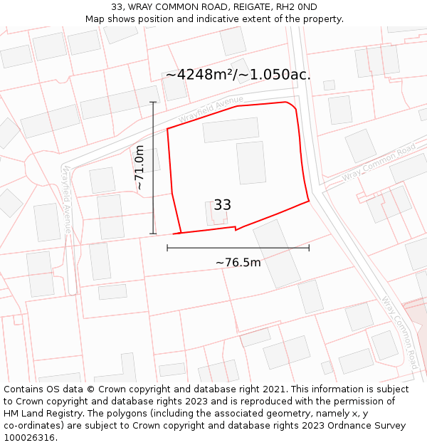 33, WRAY COMMON ROAD, REIGATE, RH2 0ND: Plot and title map