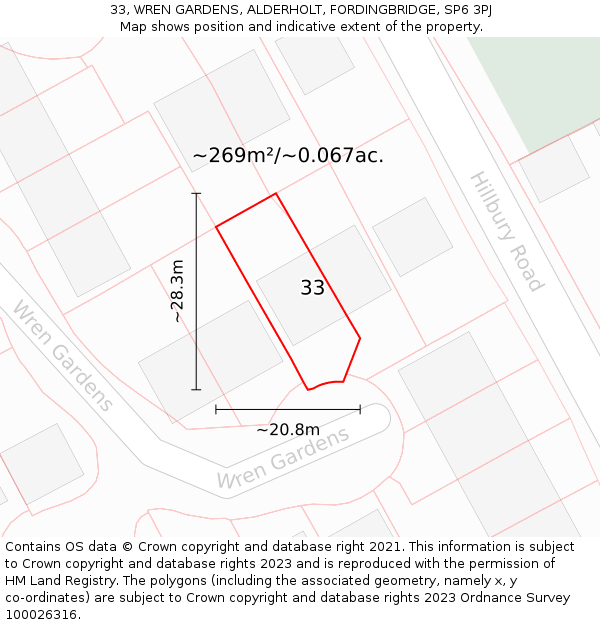33, WREN GARDENS, ALDERHOLT, FORDINGBRIDGE, SP6 3PJ: Plot and title map