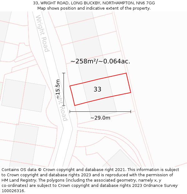 33, WRIGHT ROAD, LONG BUCKBY, NORTHAMPTON, NN6 7GG: Plot and title map