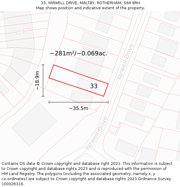 33, YARWELL DRIVE, MALTBY, ROTHERHAM, S66 8RH: Plot and title map