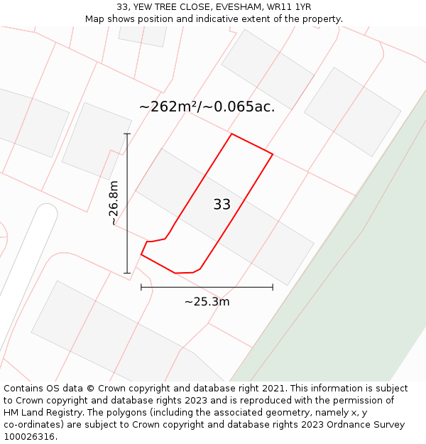 33, YEW TREE CLOSE, EVESHAM, WR11 1YR: Plot and title map