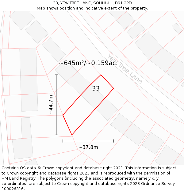 33, YEW TREE LANE, SOLIHULL, B91 2PD: Plot and title map