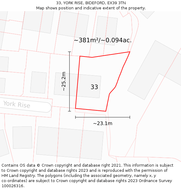 33, YORK RISE, BIDEFORD, EX39 3TN: Plot and title map