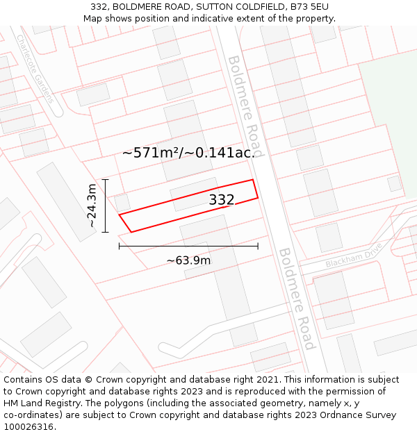 332, BOLDMERE ROAD, SUTTON COLDFIELD, B73 5EU: Plot and title map