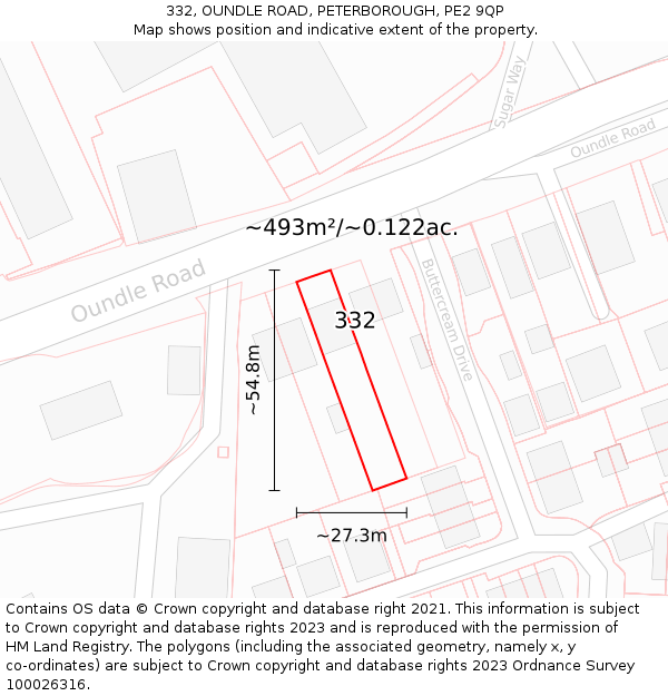 332, OUNDLE ROAD, PETERBOROUGH, PE2 9QP: Plot and title map