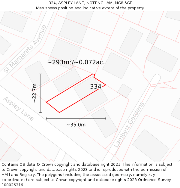 334, ASPLEY LANE, NOTTINGHAM, NG8 5GE: Plot and title map