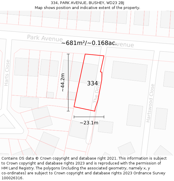 334, PARK AVENUE, BUSHEY, WD23 2BJ: Plot and title map
