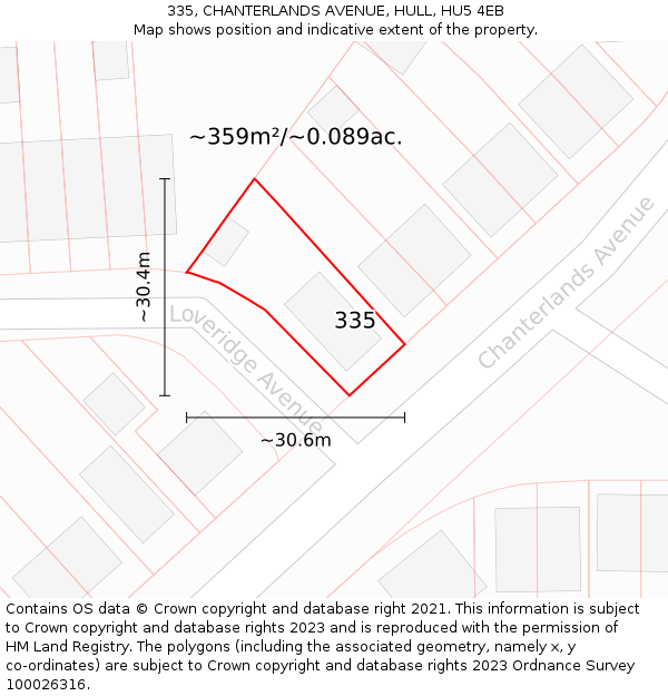 335, CHANTERLANDS AVENUE, HULL, HU5 4EB: Plot and title map