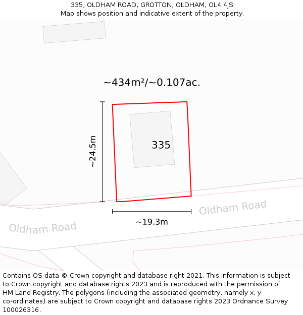 335, OLDHAM ROAD, GROTTON, OLDHAM, OL4 4JS: Plot and title map