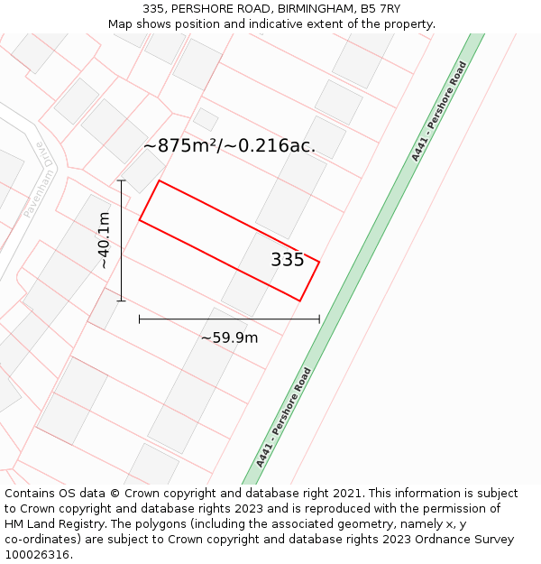 335, PERSHORE ROAD, BIRMINGHAM, B5 7RY: Plot and title map