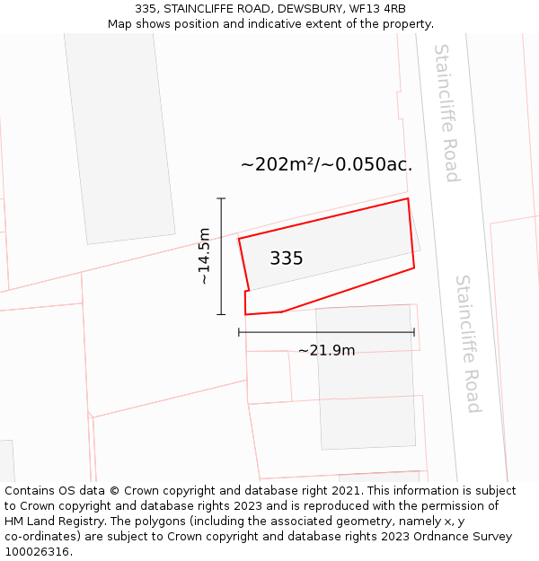 335, STAINCLIFFE ROAD, DEWSBURY, WF13 4RB: Plot and title map