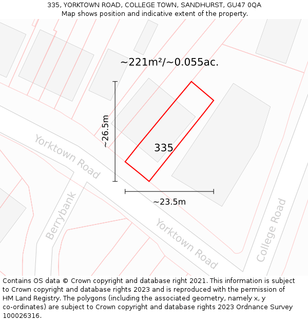 335, YORKTOWN ROAD, COLLEGE TOWN, SANDHURST, GU47 0QA: Plot and title map