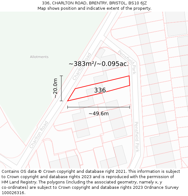 336, CHARLTON ROAD, BRENTRY, BRISTOL, BS10 6JZ: Plot and title map