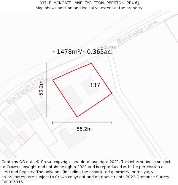 337, BLACKGATE LANE, TARLETON, PRESTON, PR4 6JJ: Plot and title map