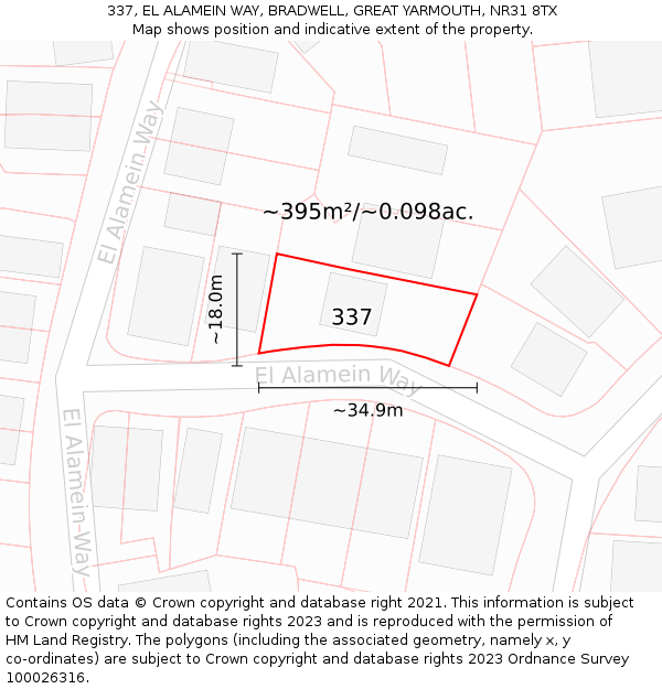 337, EL ALAMEIN WAY, BRADWELL, GREAT YARMOUTH, NR31 8TX: Plot and title map