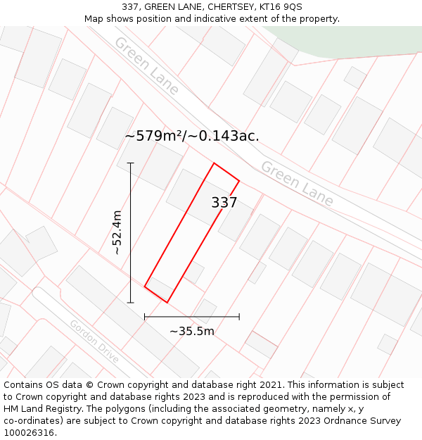 337, GREEN LANE, CHERTSEY, KT16 9QS: Plot and title map