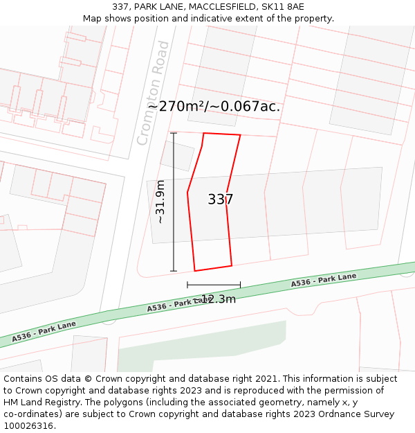 337, PARK LANE, MACCLESFIELD, SK11 8AE: Plot and title map