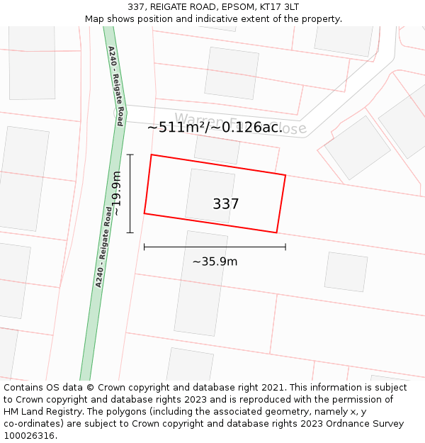 337, REIGATE ROAD, EPSOM, KT17 3LT: Plot and title map
