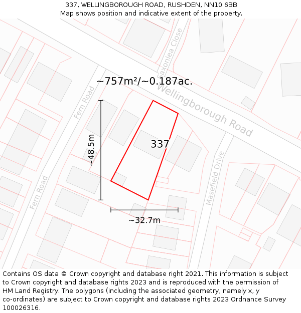 337, WELLINGBOROUGH ROAD, RUSHDEN, NN10 6BB: Plot and title map